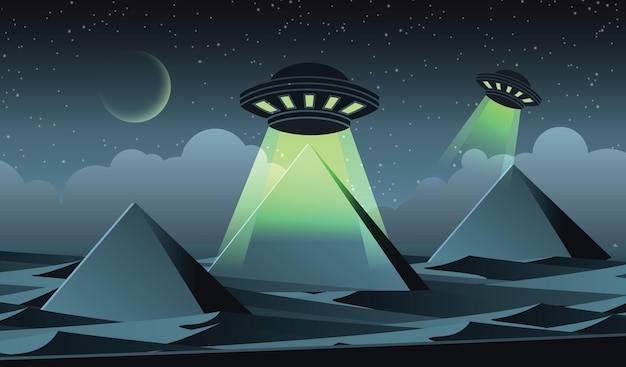 Vettore il design della versione dei cartoni animati dell'ufo sorvola le piramidi nell'illustrazione dell'egitto