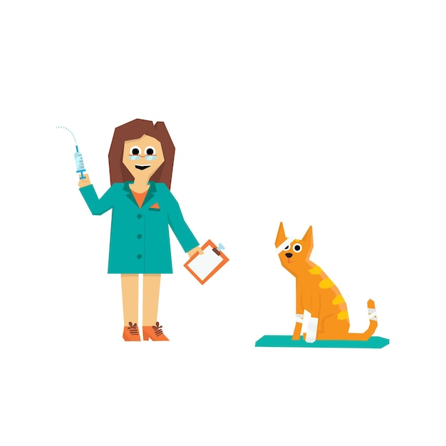 Мультфильм ветеринар с кошкой. Плоская векторная иллюстрация