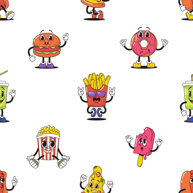 Cartoon Vibrant Seamless Pattern Featuring Adorable Fast Food Characters Like Burger French Fries And Soda Cup Pop Corn Pizza Slice or Donut Creating A Playful Tile Design Vector Illustration