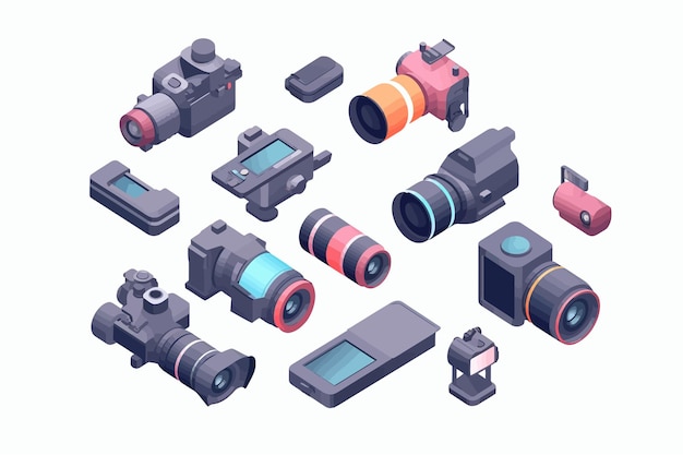 Cartoon videography equipment for shooting video or film production isometric vector illustration Isolated on white background Vector cartoon illustration