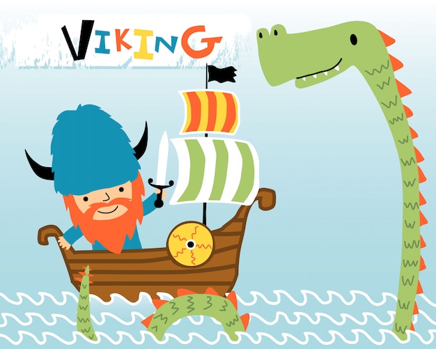 Cartoon of viking on sailboat with sea monster