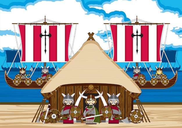 Cartoon Viking Warriors on the Beach with Longboats Norse History Illustration