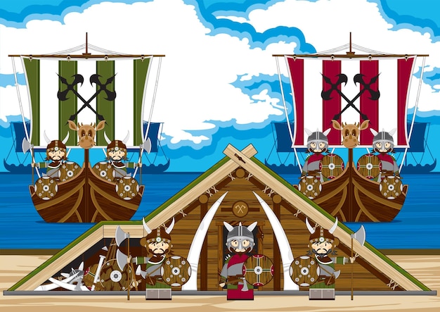 Cartoon Viking Warriors on the Beach with Longboats Norse History Illustration