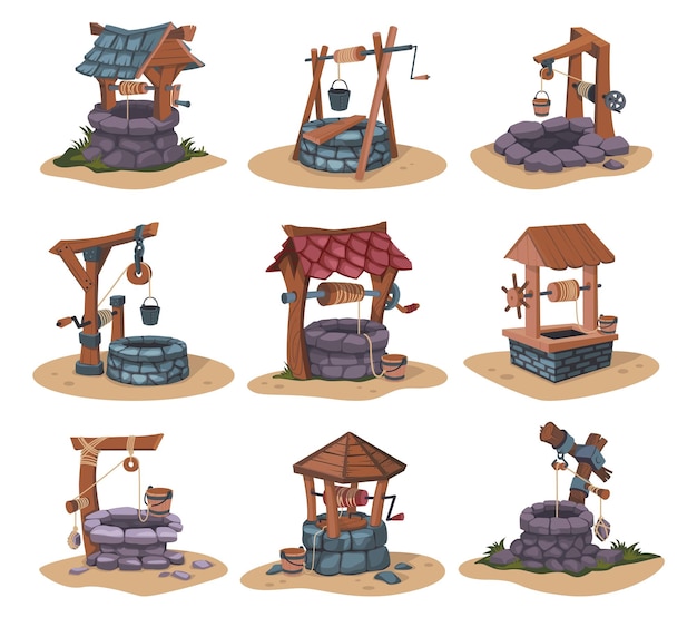 Cartoon village water well Rustic country aqua source with bucket and handle made of wood and stone Ancient liquid extraction rural construction Vector isolated countryside landscape elements set