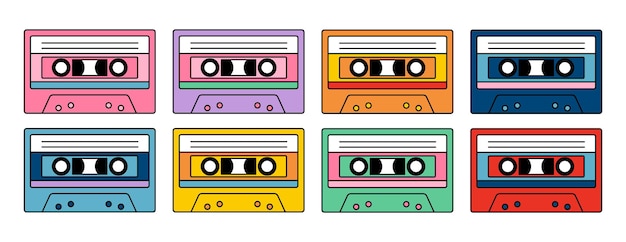 Cartoon vintage audio tapes in different colorful