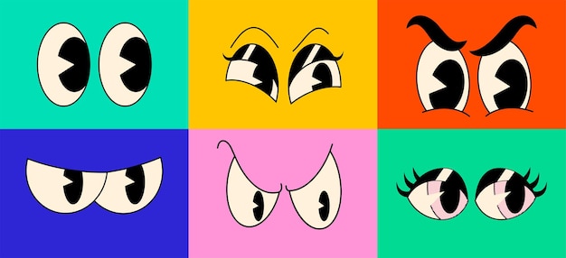 Vector cartoon vintage character comic eyes emotions set isolated on bright colored backgrounds. vector illustration