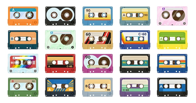 Cartoon vintage musica nastro cassette in stile retrò piatto vettore simboli illustrazione raccolta