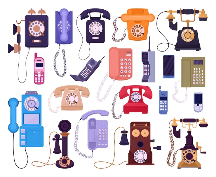 Vector cartoon vintage phones retro cellphone old vintage wired telephone classic rotary telephones flat vector illustration set old school telephones collection