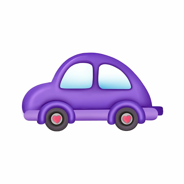 Cartoon violet vehicle with small hearts on wheels isolated on white background