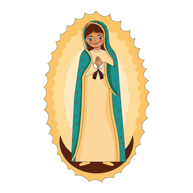 Vector cartoon of the virgin of guadalupe on moon with blaze.