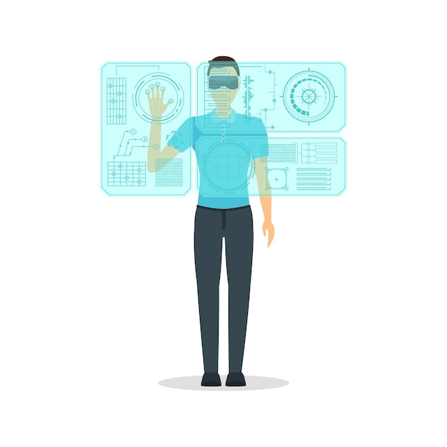 Cartoon Virtual Reality Man with Futuristic Technology Display Concept Vector