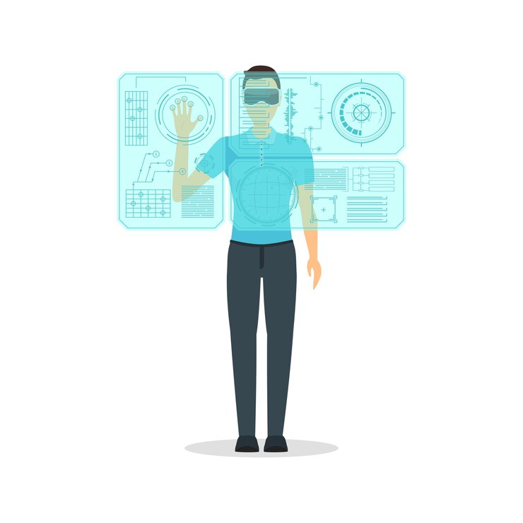 Vector cartoon virtual reality man with futuristic technology display concept vector