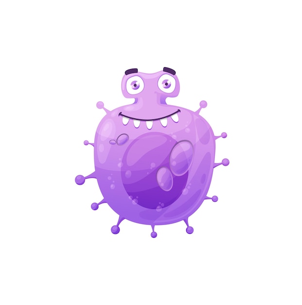 Vector cartoon virus cell vector icon, cute purple bacteria, happy laughing germ character with funny face and pimples. smiling pathogen microbe with kind eyes and big teeth, micro organism isolated symbol