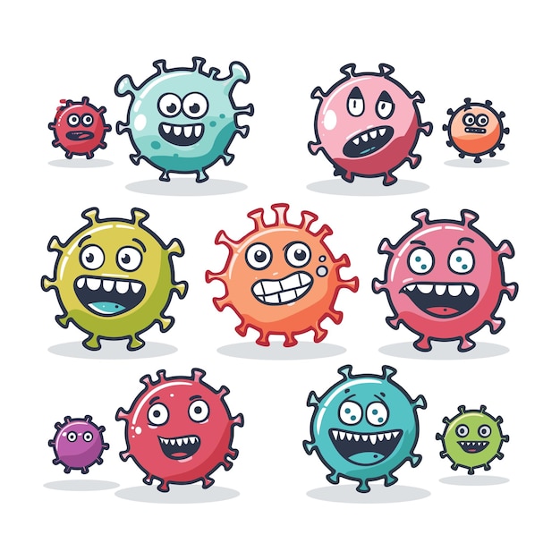 Vector cartoon virus characters diverse facial expressions colorful germs bacteria playful microbes