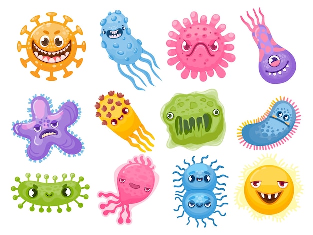 Vector cartoon viruses. germ and bacteria with evil faces. bad pathogen microbe character. coronavirus and flu disease bacterium monster vector set. illustration character scary virus, microbe and bacteria