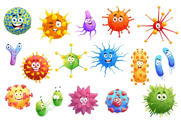 Cartoon viruses, microbes and bacteria characters. Cute germs with funny faces. Smiling pathogen monsters, colorful cells with teeth