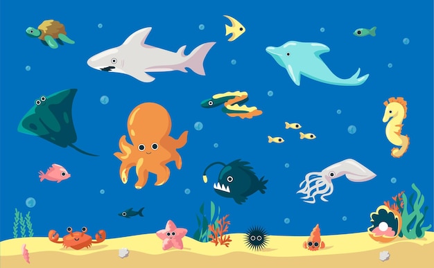 Cartoon vissen Leuke onderwaterdieren mariene inwoners Grappige dolfijn en palinginktvis of zeester Onderzees landschap met zand en algen Oceaan schepsel clipart Vector zeebewoners