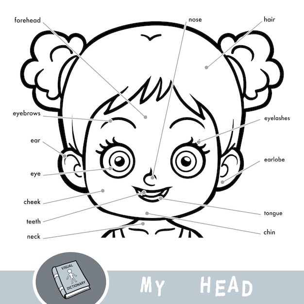 Dizionario visivo dei cartoni animati per bambini sul corpo umano. le mie parti di testa per una ragazza.