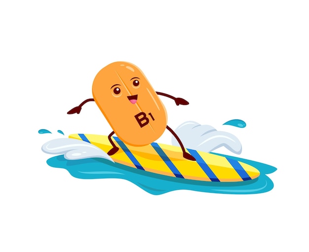 Cartoon vitamin B1 surfer cheerful character