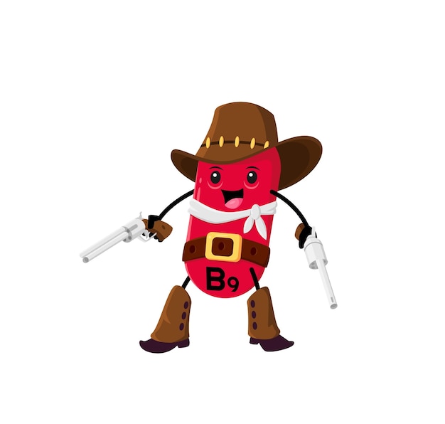 Cartoon vitamin B9 Wild West cowboy character