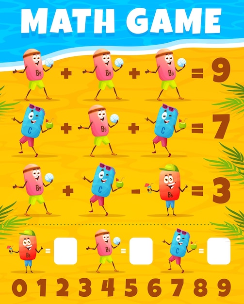 Vector cartoon vitamin characters on summer beach math