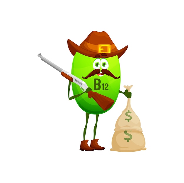 Cartoon vitamin ranger character with money b12