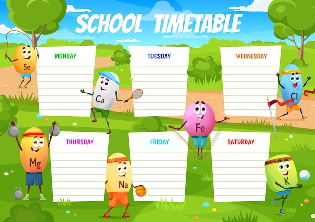 Cartoon vitamin sportsman characters Timetable schedule or kid study weekly planner vector template with Se Ca Fe and Cl Mg Na vitamins funny personages playing ball running and jumping in park