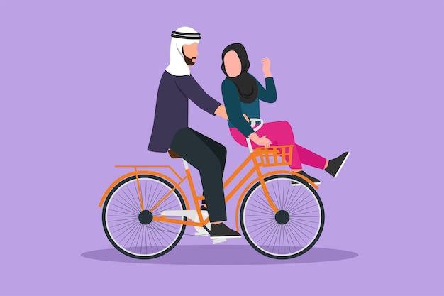 Cartoon vlakke stijl tekening achteraanzicht van romantisch Arabisch paar praten zittend op bankje in park Man vrouw rijden op een elektrische fiets Avondwandeling langs de rivier Grafisch ontwerp vectorillustratie