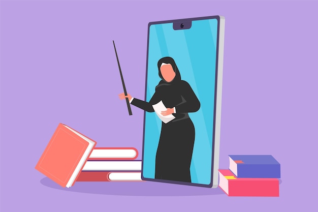 Cartoon vlakke stijl tekening arabische vrouwelijke leraar onderwijs de helft van haar lichaam is uit smartphone scherm met stapel boek internet klasse online leren metafoor grafisch ontwerp vectorillustratie