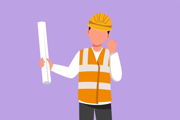 Cartoon vlakke stijl tekening architect vest helm dragen met vieren gebaar en uitvoering blauwdruk papier voor het bouwen van werkplan Bouwer aan het werk op de grond site Grafisch ontwerp vectorillustratie