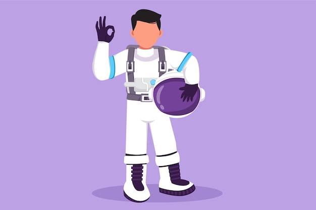 Cartoon vlakke stijl tekening astronaut permanent met goed gebaar dragen ruimtepak verkennen aarde maan andere planeten in universum Spaceman start ruimteexpeditie Grafisch ontwerp vectorillustratie