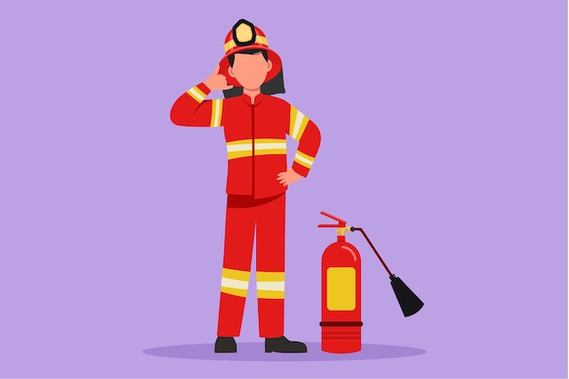 Cartoon vlakke stijl tekening brandweerlieden permanent met brandblusser dragen helm en uniform met bel me gebaar Werken om brand te blussen in brandwondgebouw Grafisch ontwerp vectorillustratie