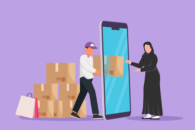 Cartoon vlakke stijl tekening mannelijke koerier leveren vak pakket en via smartphone scherm aan Arabische vrouwelijke klant Online bezorgservice Online winkel metafoor Grafisch ontwerp vectorillustratie