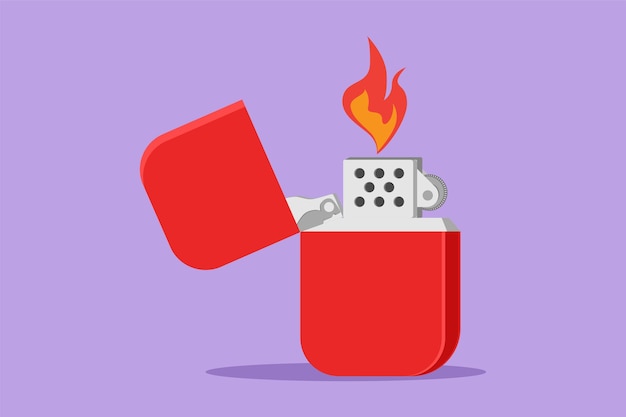 Cartoon vlakke stijl tekening metalen sigarettenaansteker logo label sjabloon symbool Vuur van aansteker pictogram Handmatige gasaansteker met brandende vlam in vlakke stijl Grafisch ontwerp vectorillustratie