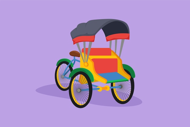 Cartoon vlakke stijl tekening pedicab met drie wielen en passagiersstoel aan de voorkant en bestuurderscontrole aan de achterkant vaak te vinden in Indonesië Traditioneel transport Grafisch ontwerp vectorillustratie