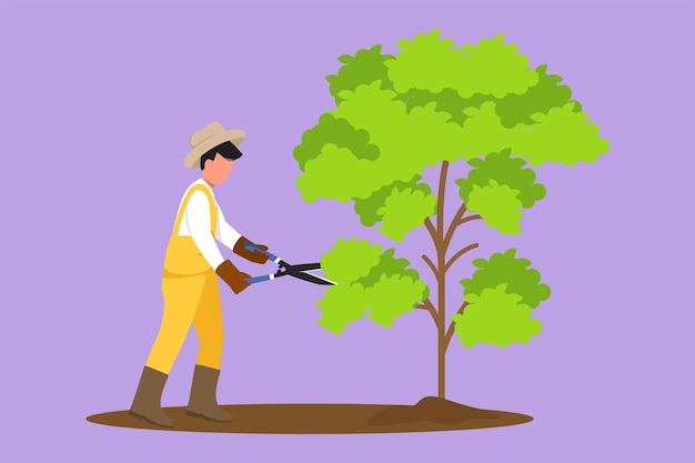 Cartoon vlakke stijl tekening tuinman versieringen plant in tuin man snijden boom in park snoeischaar voor het knippen van gebladerte werknemer vormgeven tuin planten en groeien grafisch ontwerp vectorillustratie