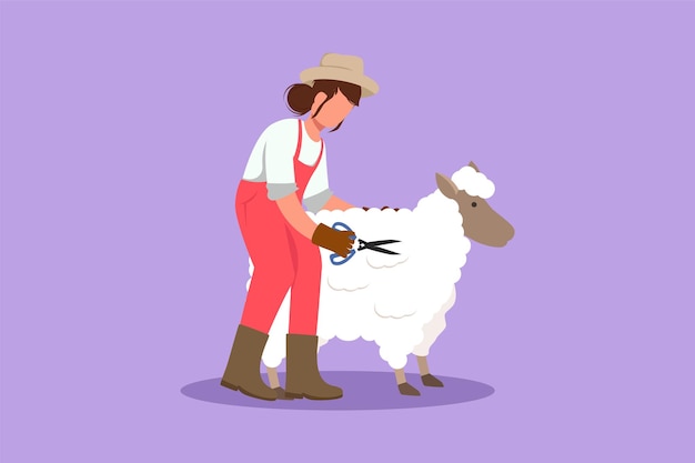 Cartoon vlakke stijl tekening van vrouwelijke boer scharen schapen om truien te maken Resultaten van de schapenhouderij op het platteland Veehouderij activiteiten Succesvolle landbouw Grafisch ontwerp vectorillustratie