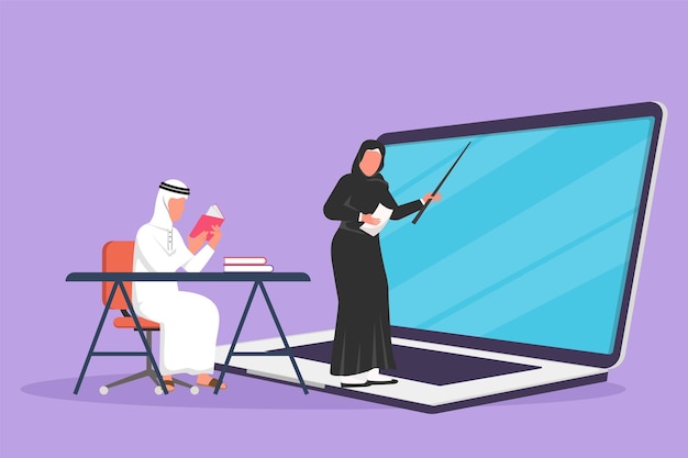 Cartoon vlakke stijl tekening vrouwelijke leraar staan voor laptop scherm houden boek en onderwijs arabische senior middelbare school student zittend op een stoel in de buurt van bureau grafisch ontwerp vectorillustratie