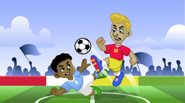 Cartoon voetbal kinderen spelen voetbalspel in het veld