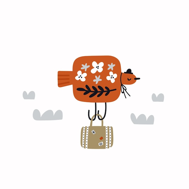 Cartoon vogel in hoed met een koffer vliegt in de wolken ga op reis platte vectorillustratie