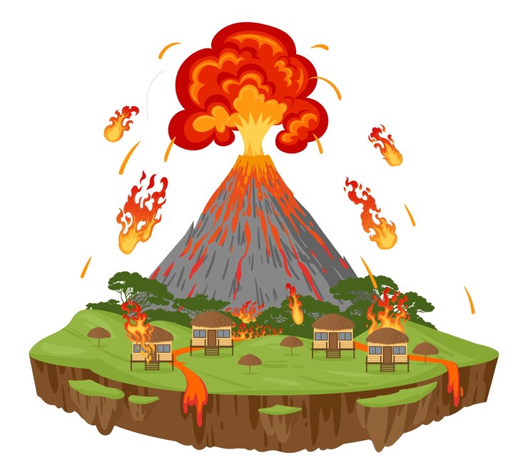 Vector cartoon volcano eruption natural disaster environment damage lava flows and fireballs extreme cataclysm disaster flat vector illustration on white background