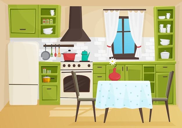 Vector cartoon volumetric illustration of vintage retro kitchen interior