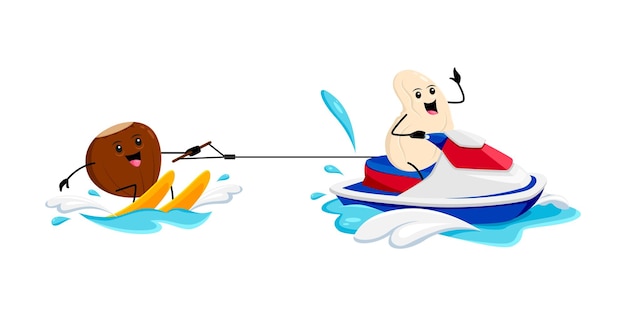 Cartoon vrolijke hazelnoten en cashewnoten personages waterskiën tijdens de zomervakantie. Gezonderde vector avontuurlijke personages die de golven trotseren en genieten van de sensatie van de extreme sportactiviteit