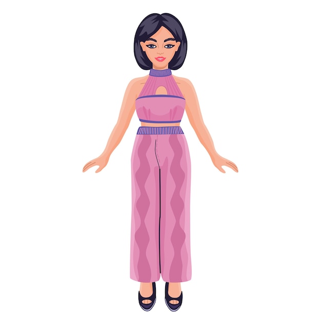 Cartoon vrouw in roze cropped top en bedrukte broek. Leuke papieren pop in trendy kleurrijke outfits.