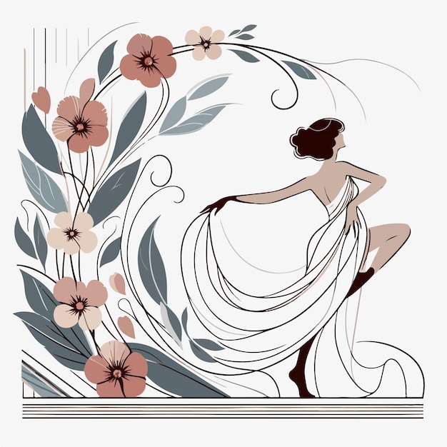 Vector cartoon vrouw in witte jurk met bloemen ornament