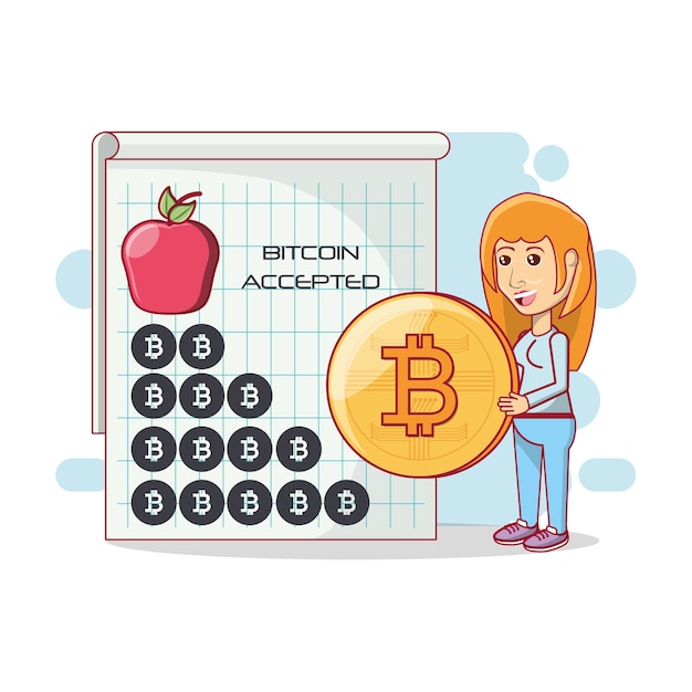 Vector cartoon vrouw met een bitcoin munt en kladblok