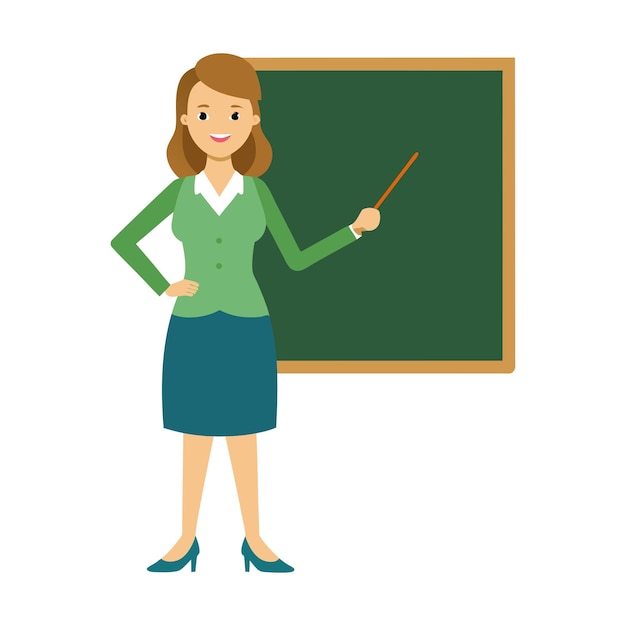 Cartoon vrouwelijke leraar die les geeft op Blackboard