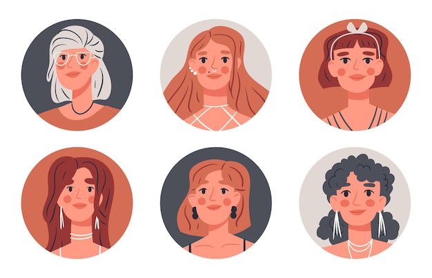 Cartoon vrouwelijke portretten Mooie verbluffende vrouwen avatars modieuze meisjes gezichten schattige vrouwelijke personages platte vectorillustratie ingesteld op witte achtergrond