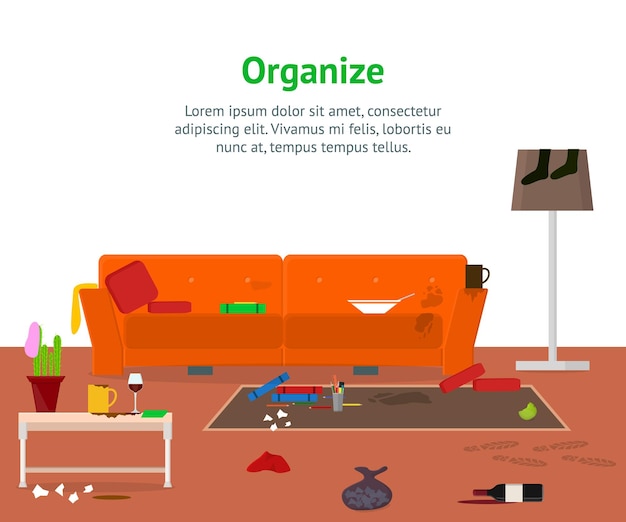 Cartoon vuile georganiseerde appartement voor het schoonmaken van de kamer service kaart poster voor advertentie huishoudelijk werk concept plat ontwerp stijl vector illustratie