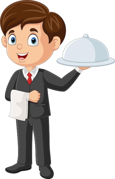 Cartoon waiter boy holding a serving tray